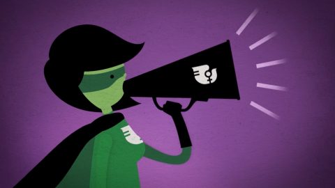 CEDAW superhero talking through a loud speaker